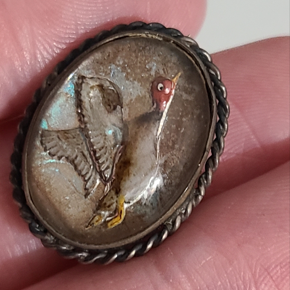 Antique Reverse Intaglio Duck Brooch Sterling Silver Estate Hand Painted Belgium